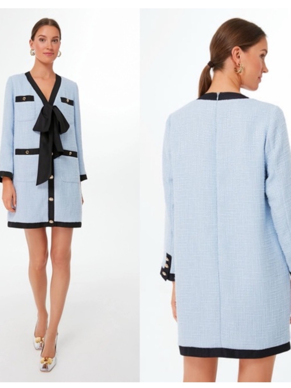 Pomander Place Coco Tweed Long Sleeve Bow Dress Light Blue Size XL NWT